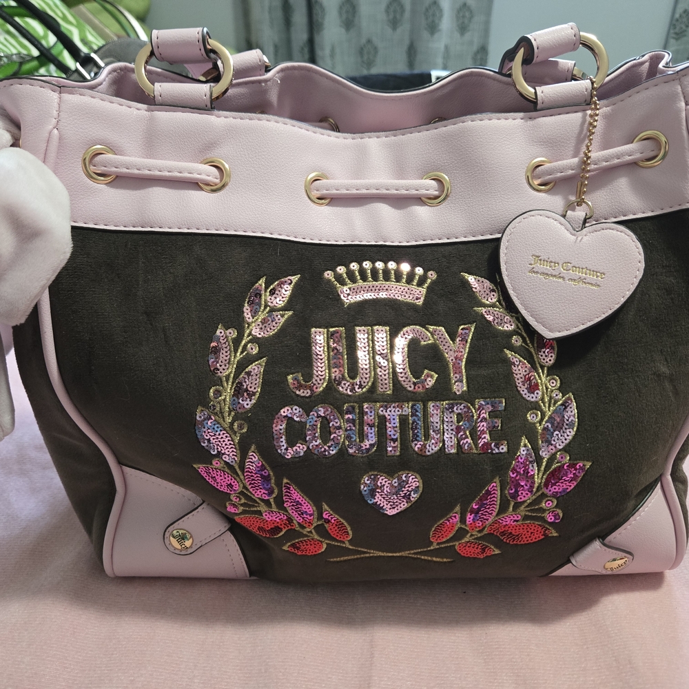 Juicy Couture Pink and Brown Embroidered Tote